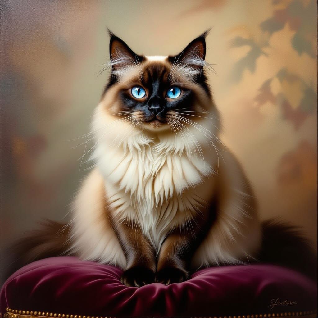 Siamese Cat on Velvet Cushion in Classical Oil Painting Styl...