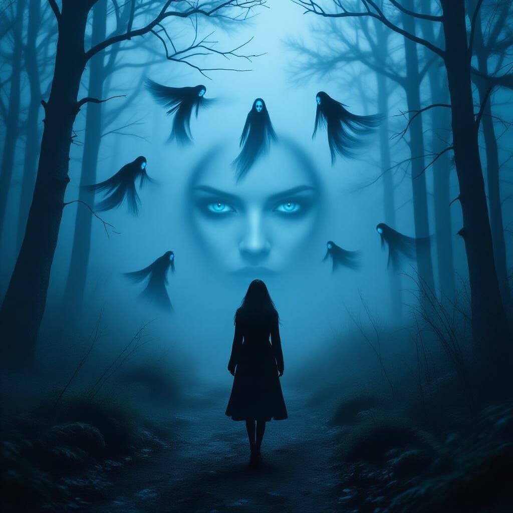 Mysterious Woman Walks Through Misty Forest with Banshees