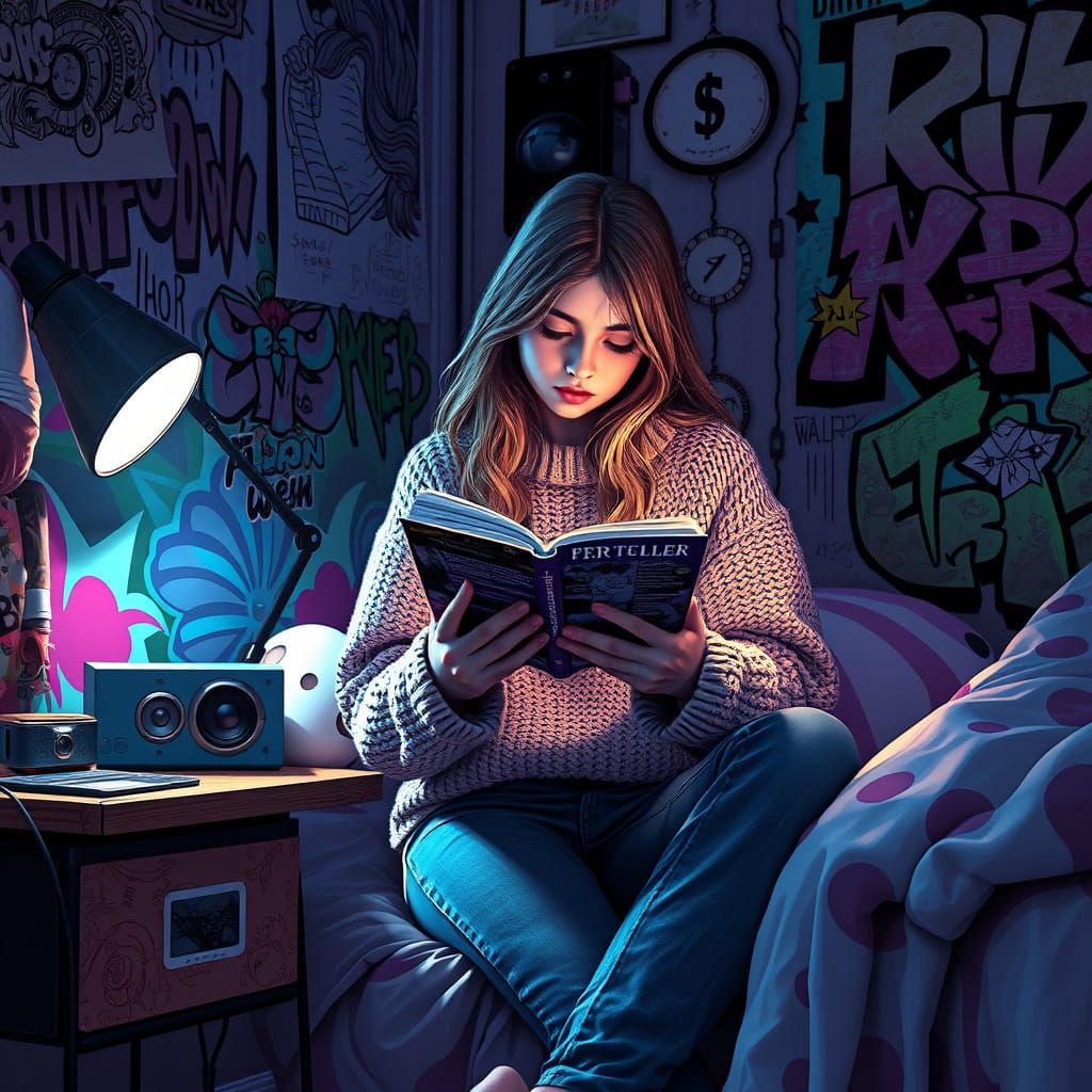 Girl Reading with Speakers in Vibrant Graffiti Room