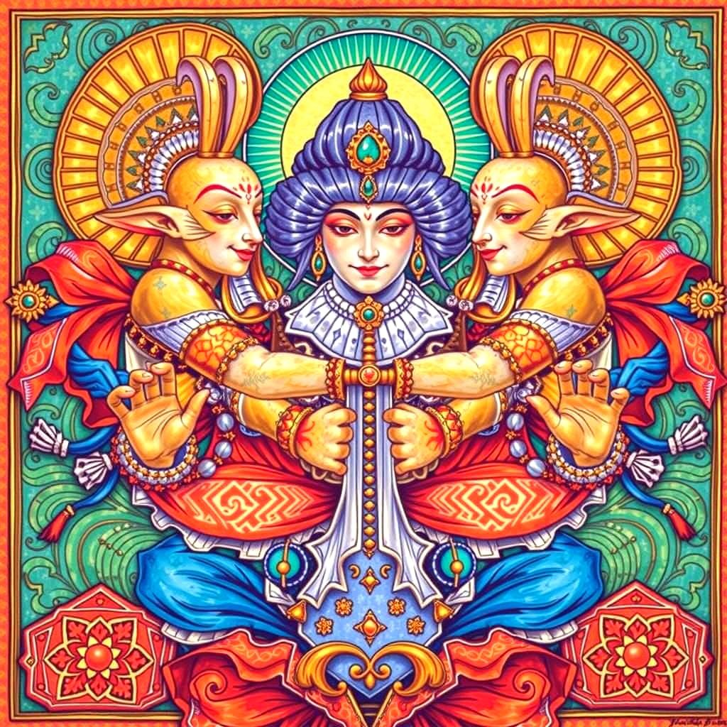 Tutankhamun, Harlequin, Geisha, Krishna Mashup