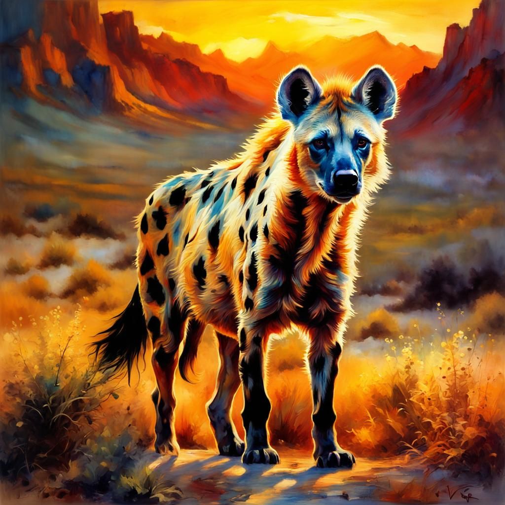 Encaustic Hyena in Desert Sunrise, Detailed Matte Painting