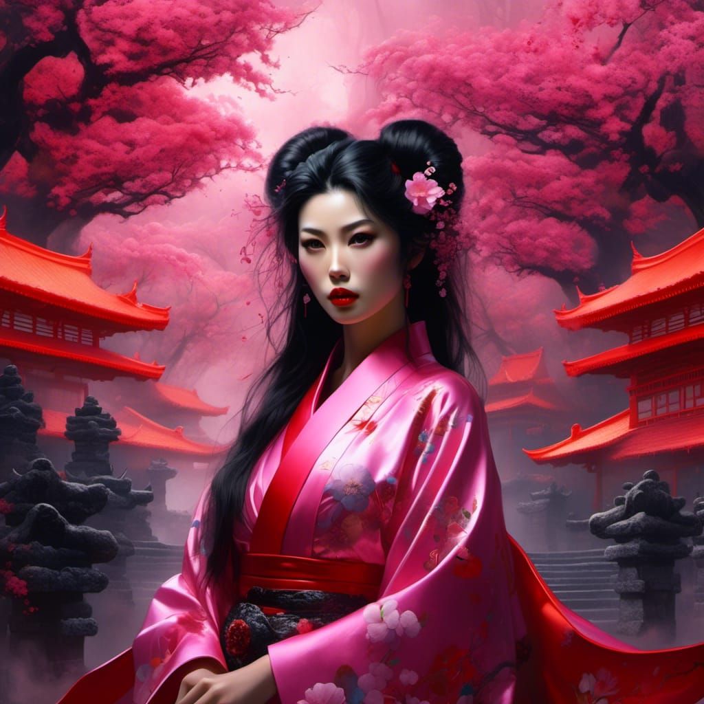 Hyperreal Japanese Woman in Latex Kimono