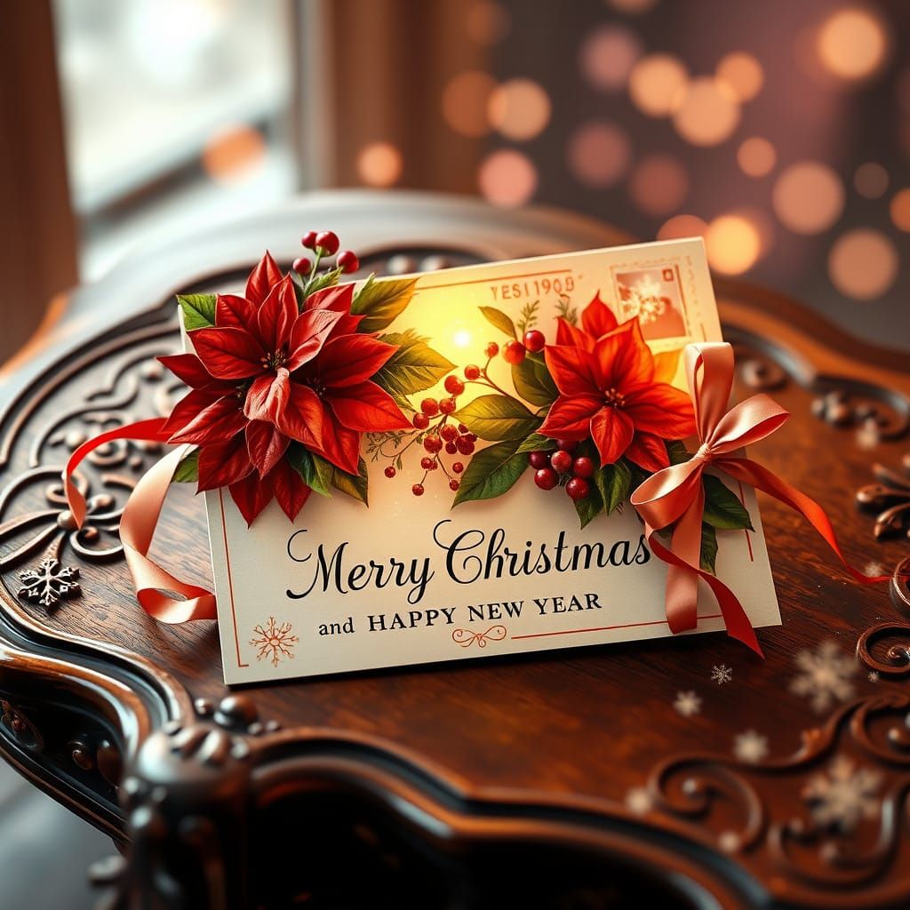 Luxurious 3D Christmas Postcard on Vintage Wooden Table