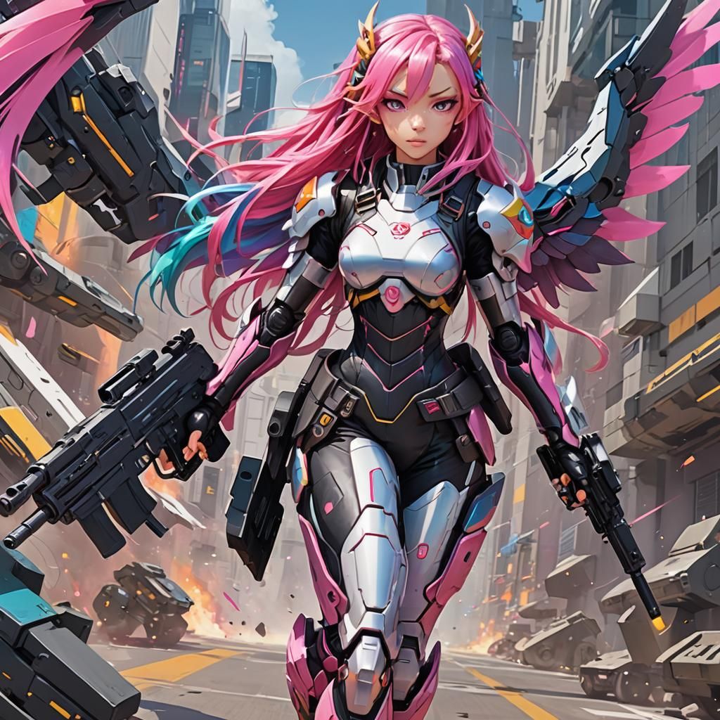 Dragon Girl with Futuristic Guns in Anime Style