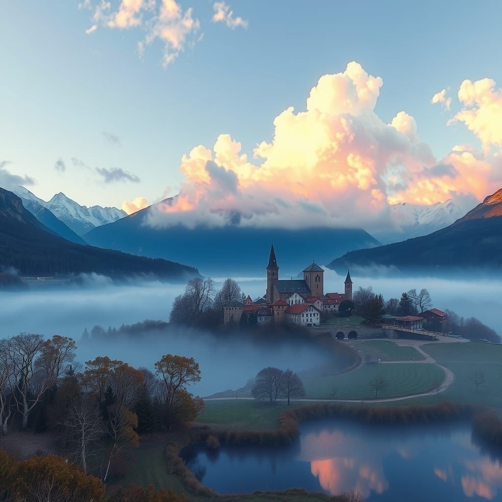 Mystical Village in Rainbow Mist, Surrealist Dreamscape