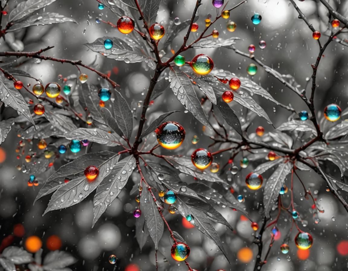 Colorful Raindrops on Grayscale Foliage: Macro Photography