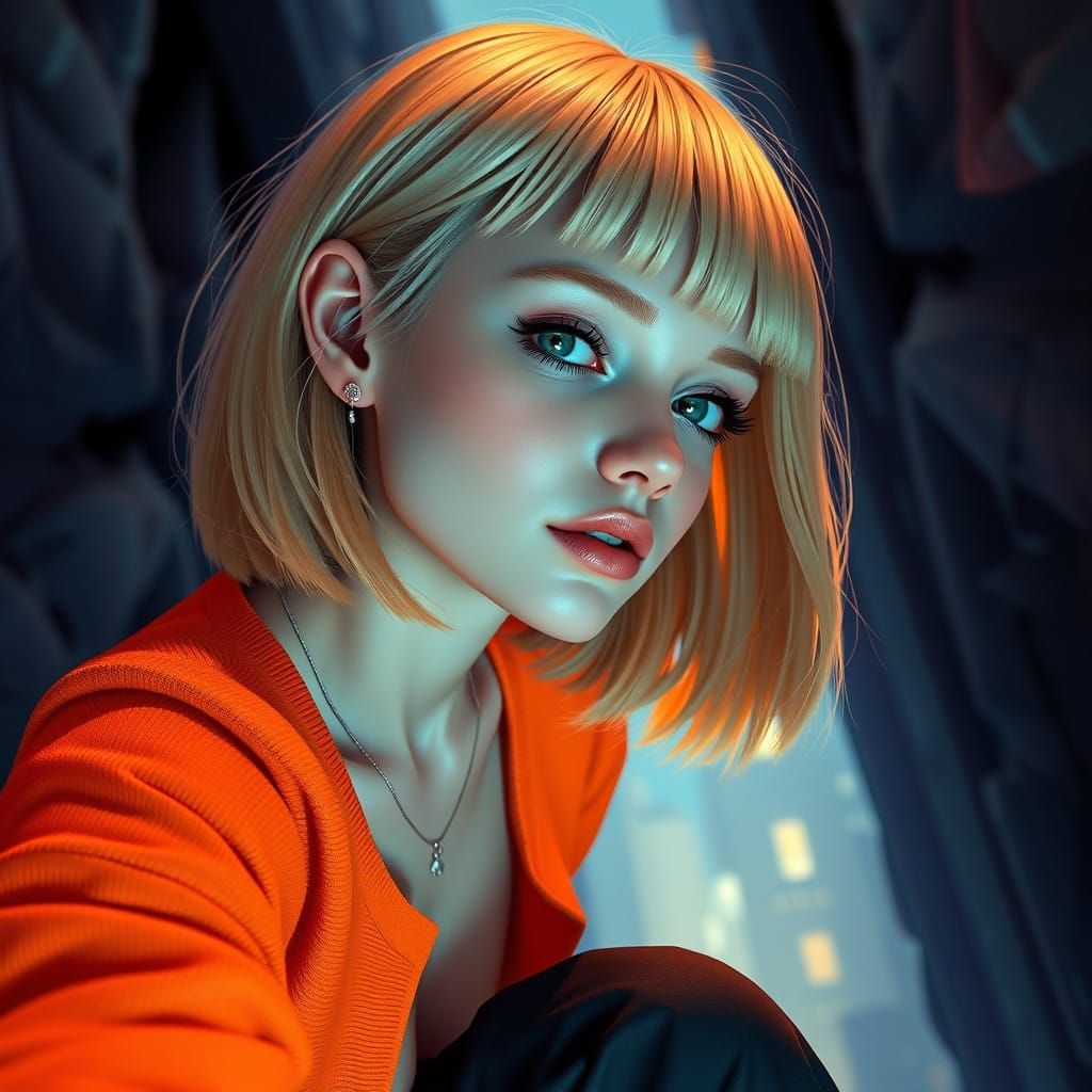 Vibrant Woman in Orange Cardigan and Black Heels, Close-Up,...