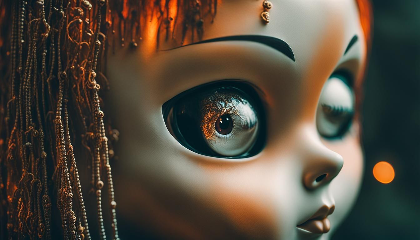 Gothic Doll Reflecting Burning Buildings: Cinematic Close-Up