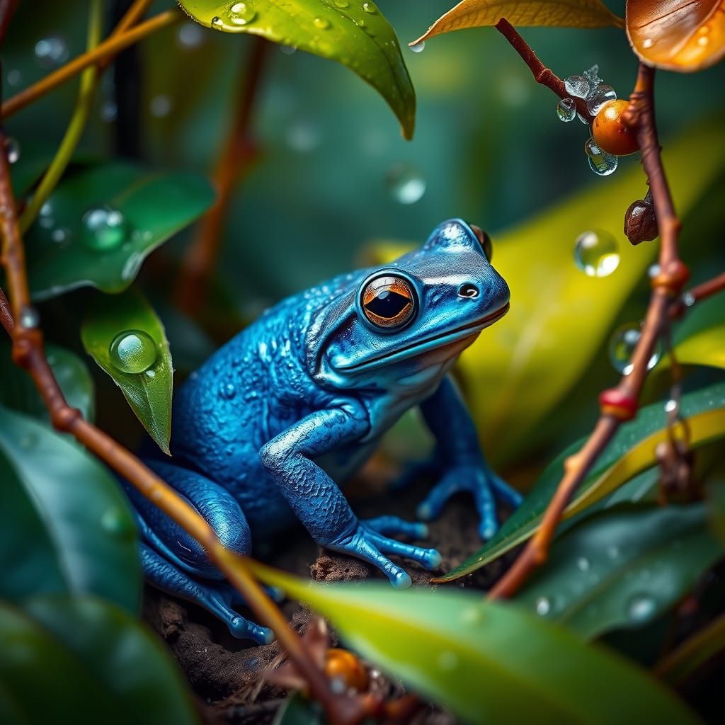Lush Rainforest Scene with a Blue Frog