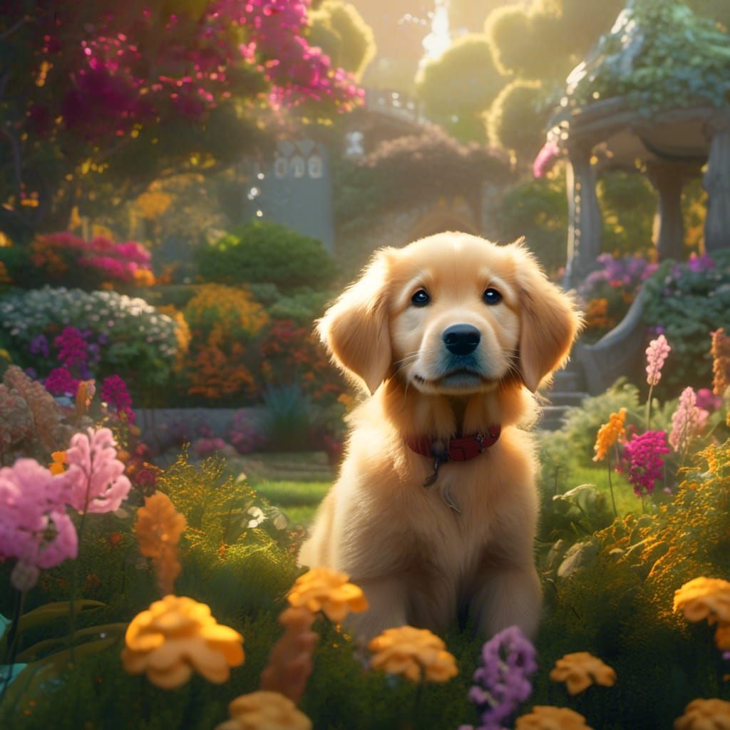 Golden Retriever Puppy in Lush Fantasy Garden