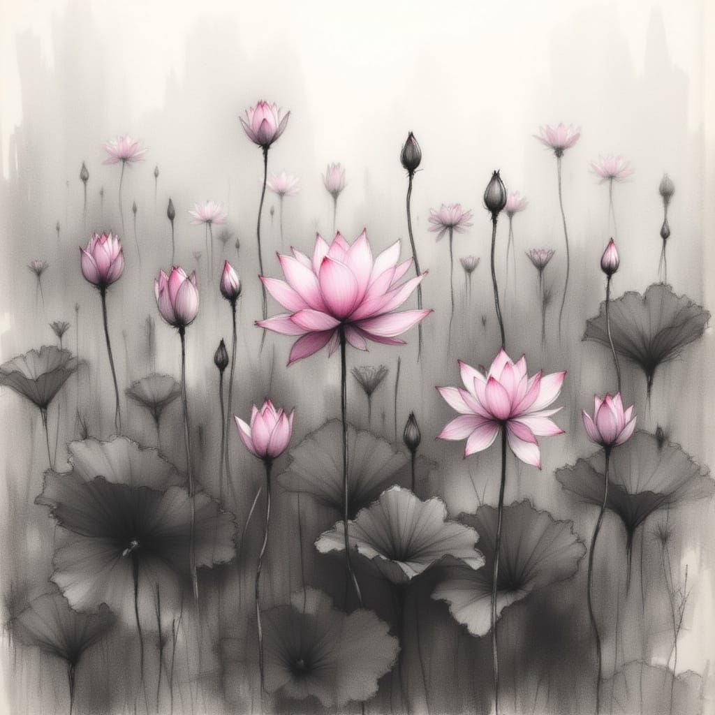 Ethereal Lotus Field in Charcoal and Watercolor Style
