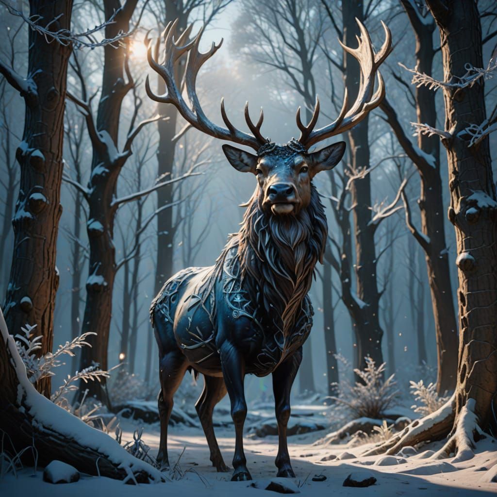 Majestic Frost Stag in a Mystical Winter Forest
