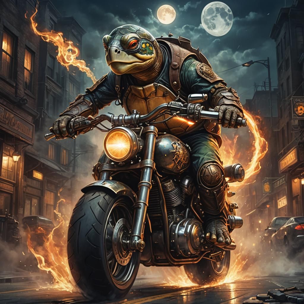 Turtle on Steampunk Motorcycle Raining Fire