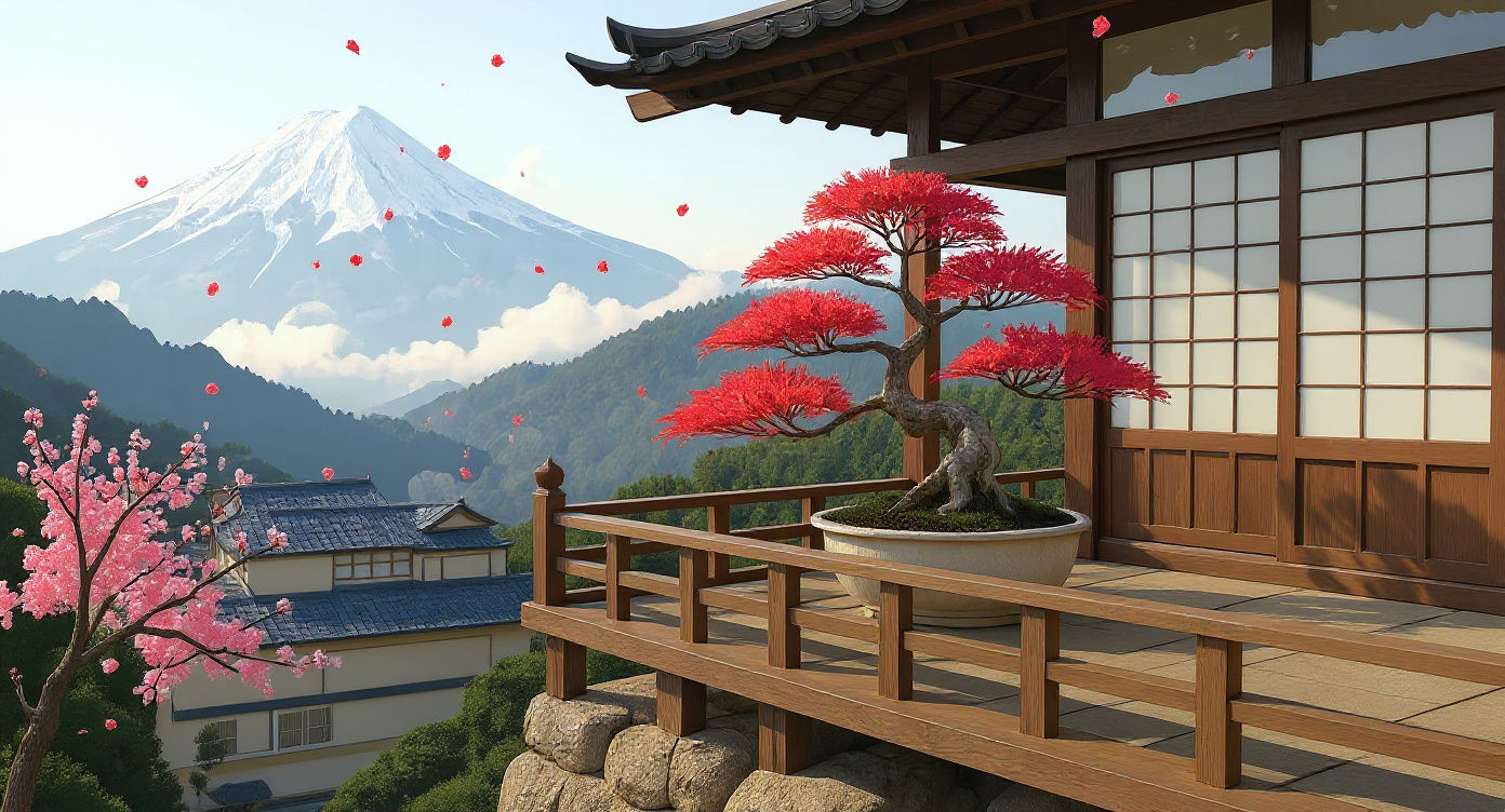 Japanese Maple Bonsai on Misty Mountain in Watercolor Style