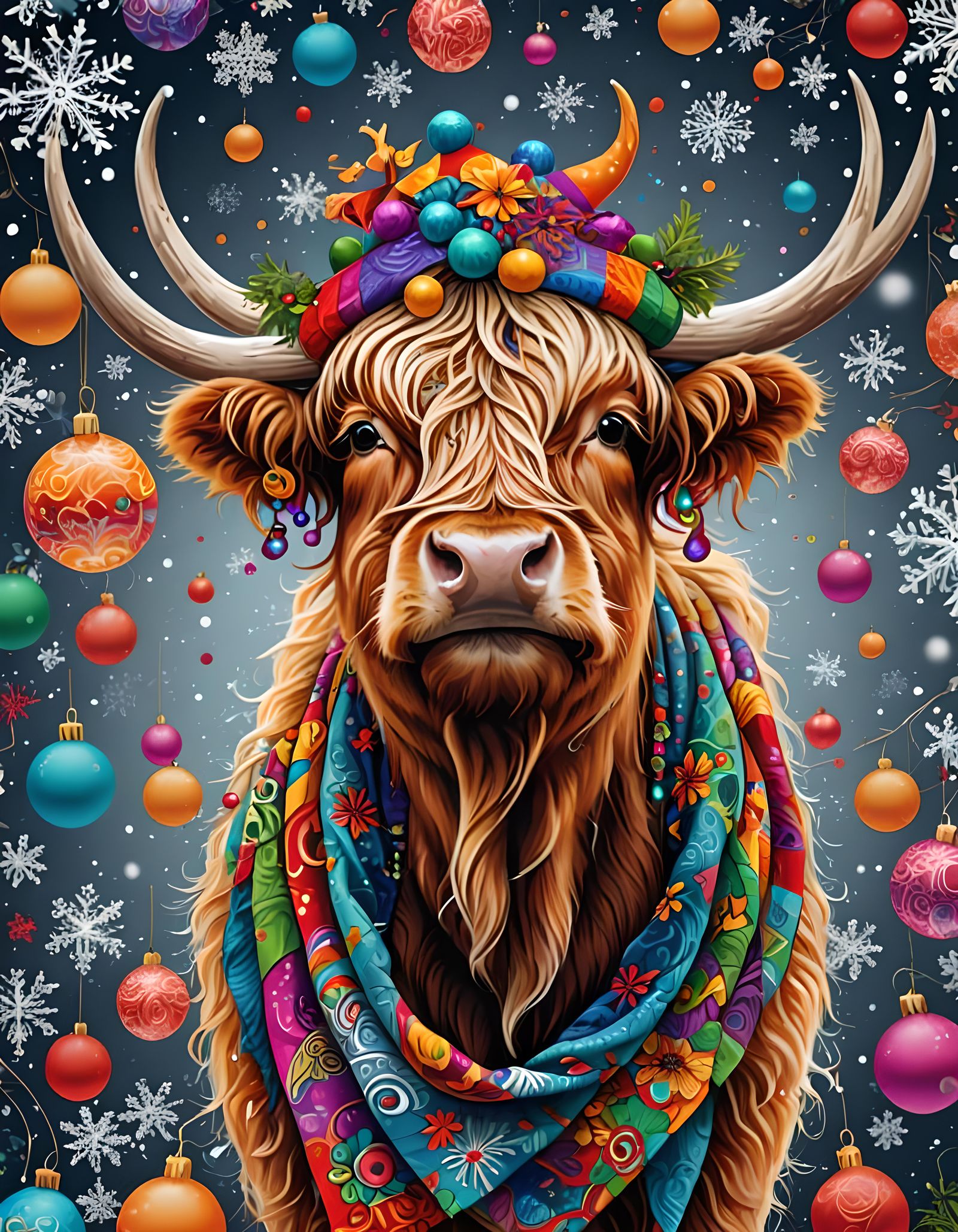 A highland cow wearing a santa hat at christmas time abstrac...
