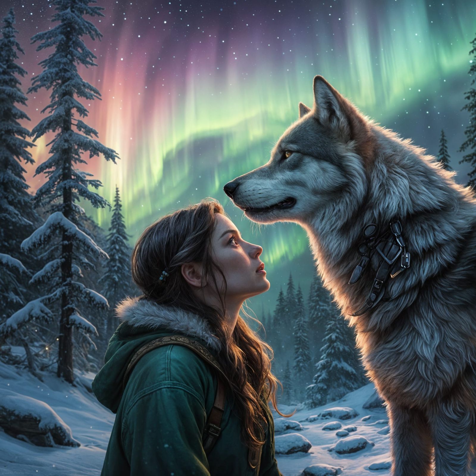 Girl and Wolf Watch Aurora Borealis