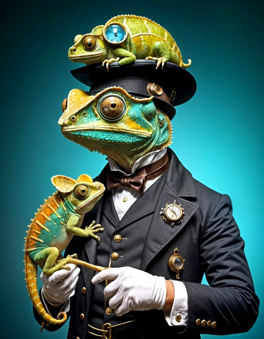Steampunk Scientist with Chameleon and Toad