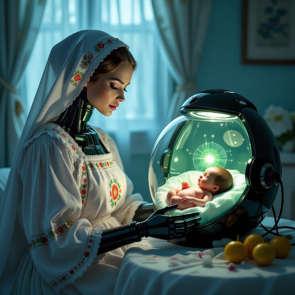 Peridot-Eyed Fembot with Synthetic Womb in Lithuanian Apron