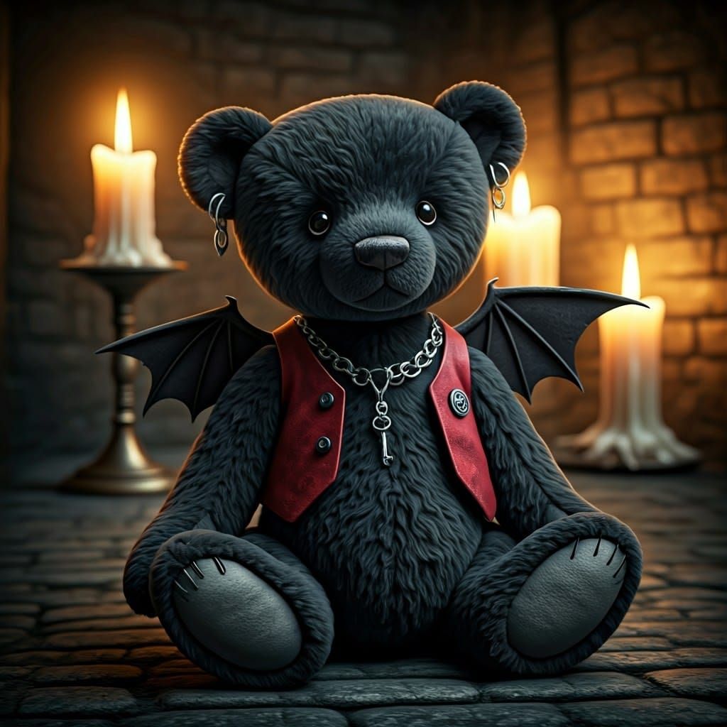 Gothic teddy bear-bat with red vest
