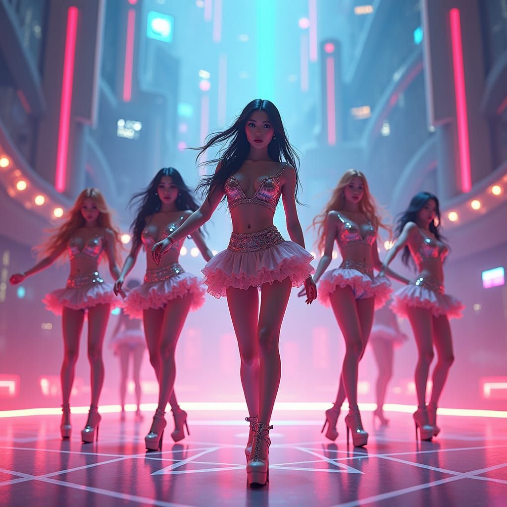 K-Pop Group Performance in Fantasy Cityscape