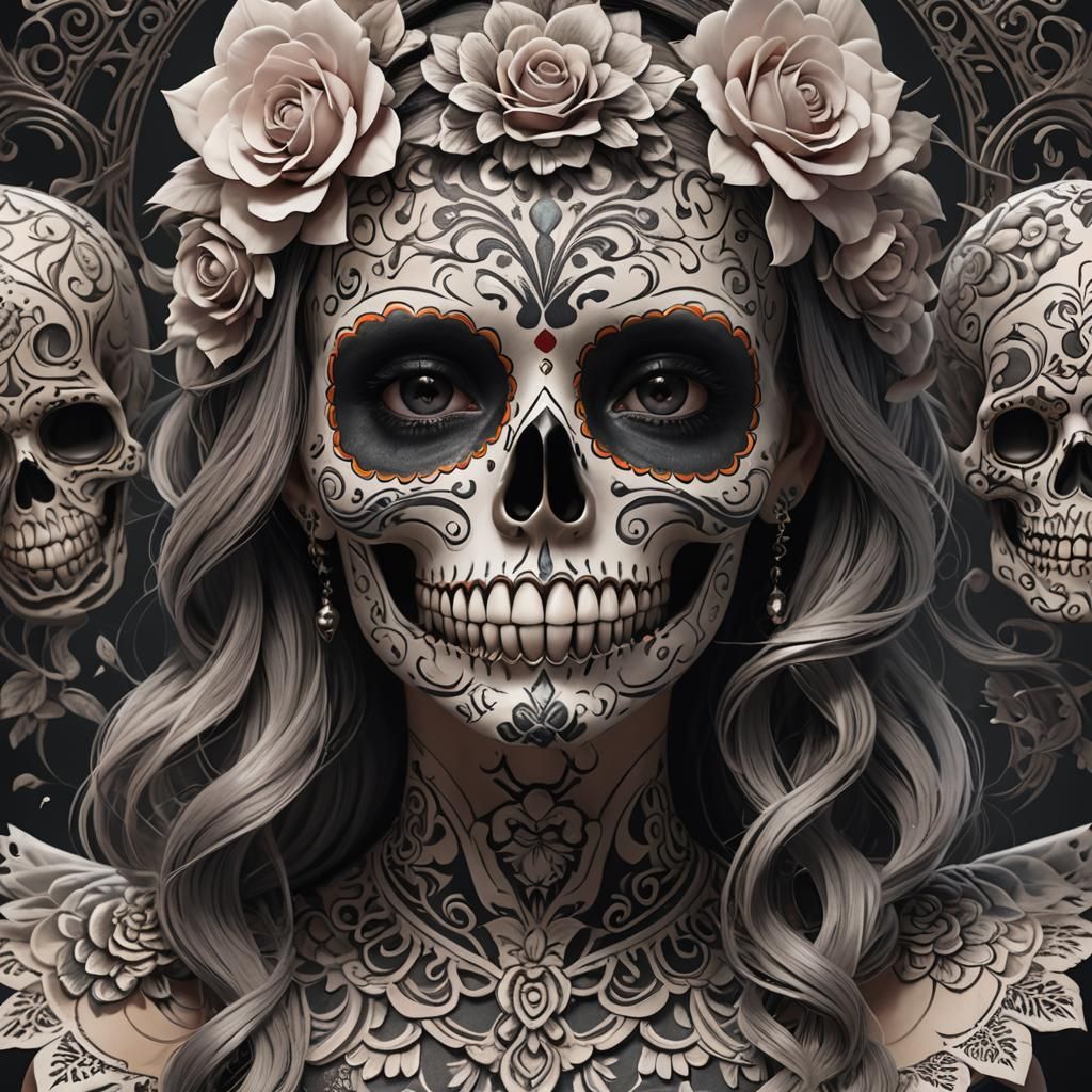 Detailed 3D Anime Sugar Skull Tattoo Design