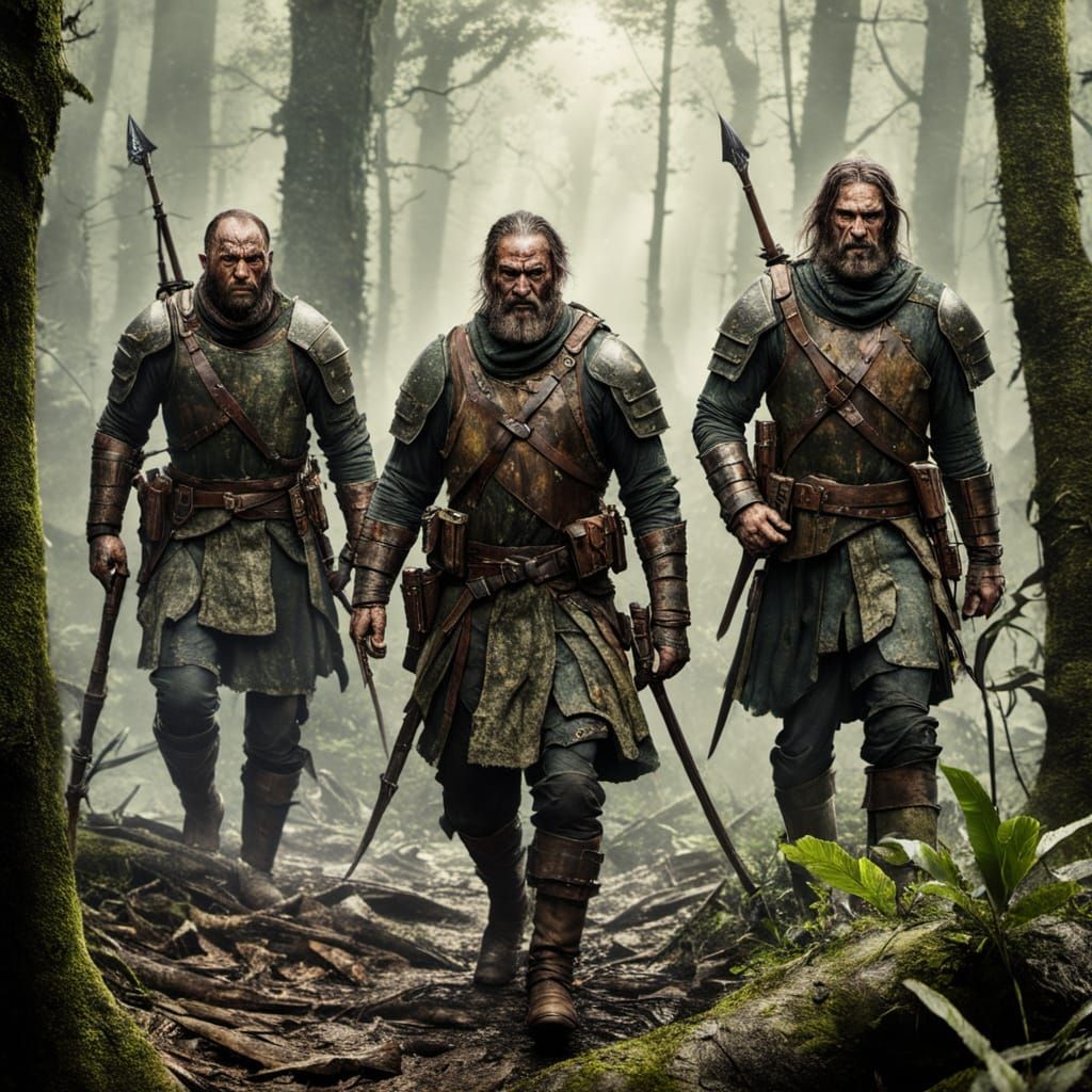 Two rugged medieval soldiers, bare faces, battle-scarred, armor dirty, making their way through a thick jungle. gritty B...