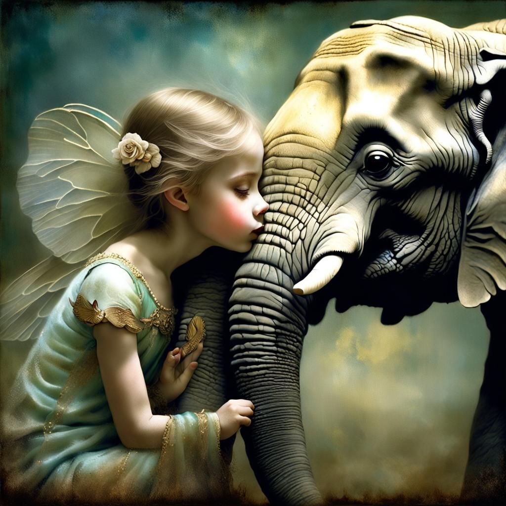 Fairy Touches Elephant in Ornate Style
