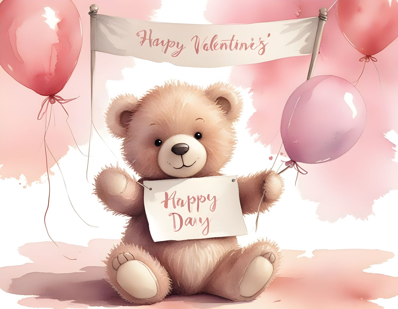 A Pink Teddy Bear Holds a Joyful Valentine's Day Banner