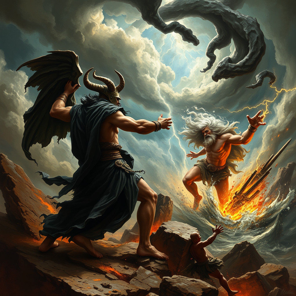 Hades Battles Zeus in Classical Art Style