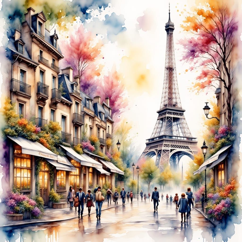 Paris in Antique Watercolor Style with Eiffel Tower