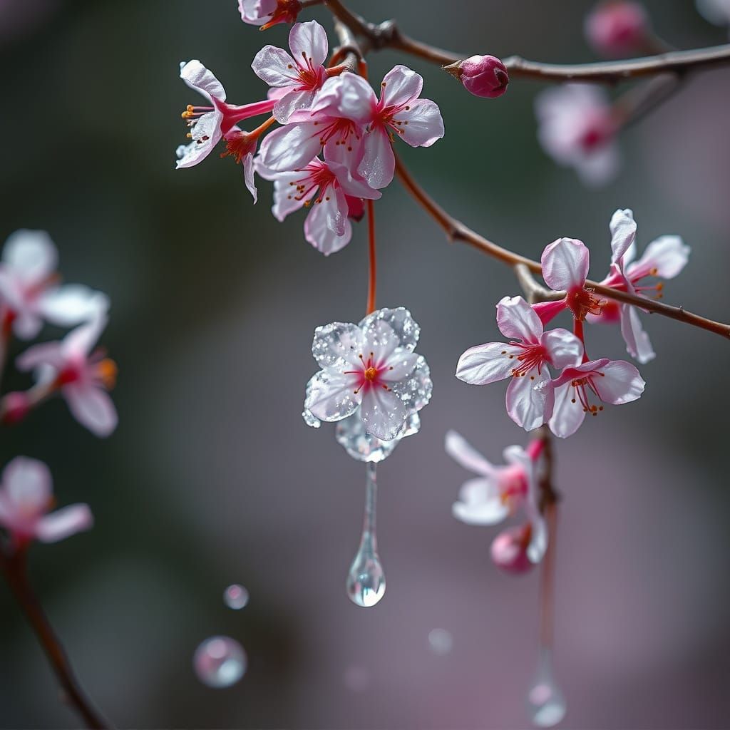 Crystal Cherry Blossoms in Whimsical, Dreamlike Atmosphere