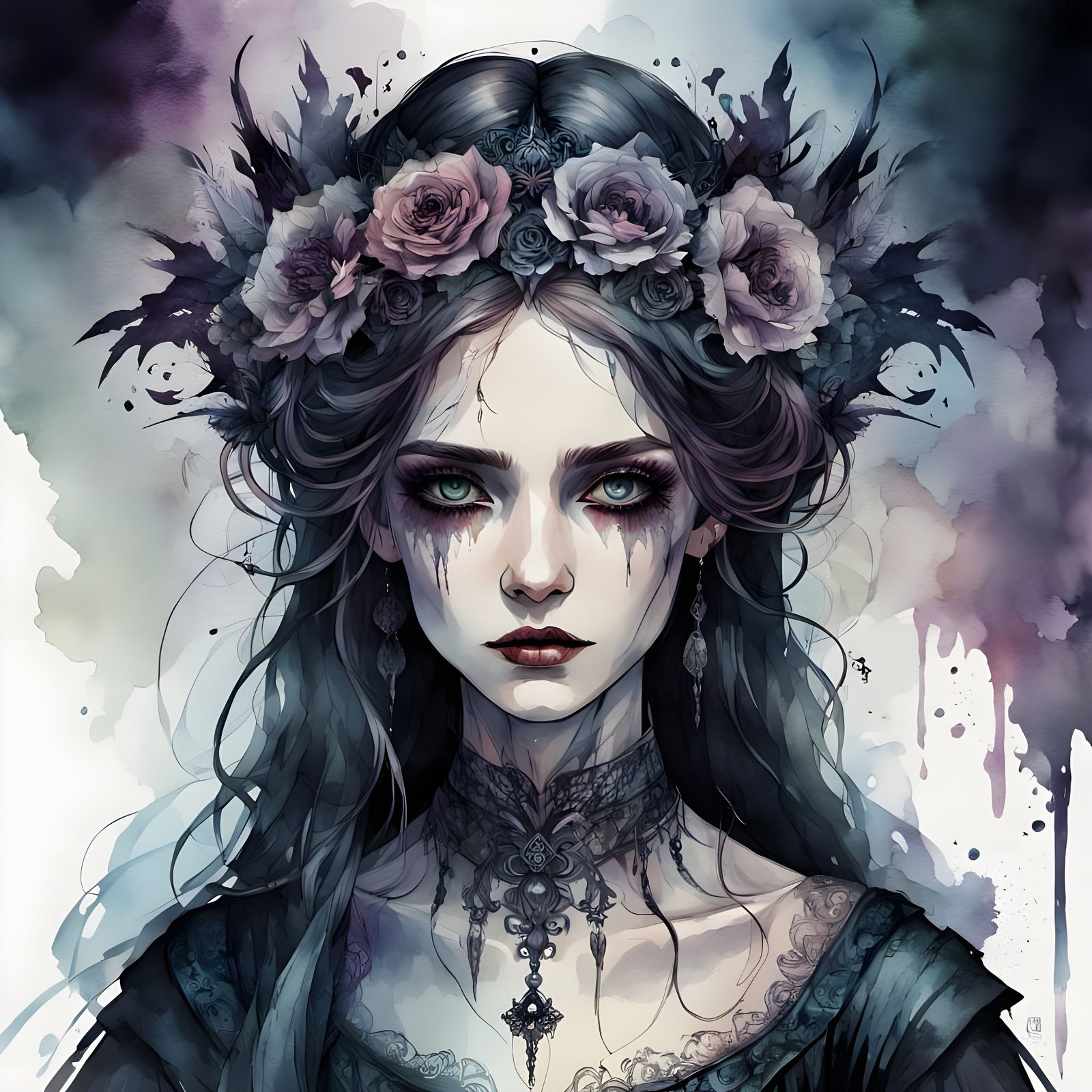 Gothic Bride Portrait in Digital Watercolor Style