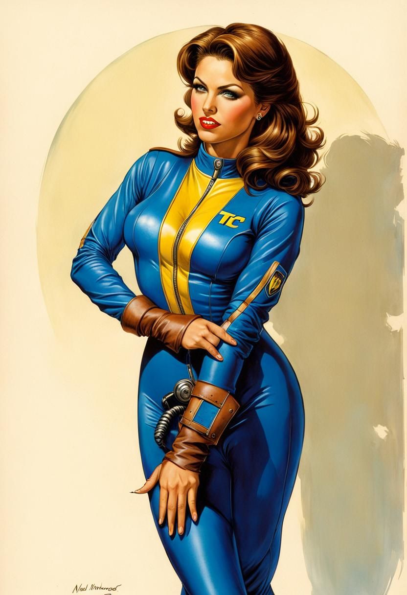 An illustration of a woman wearing a Vault-Tec jumpsuit, pos...