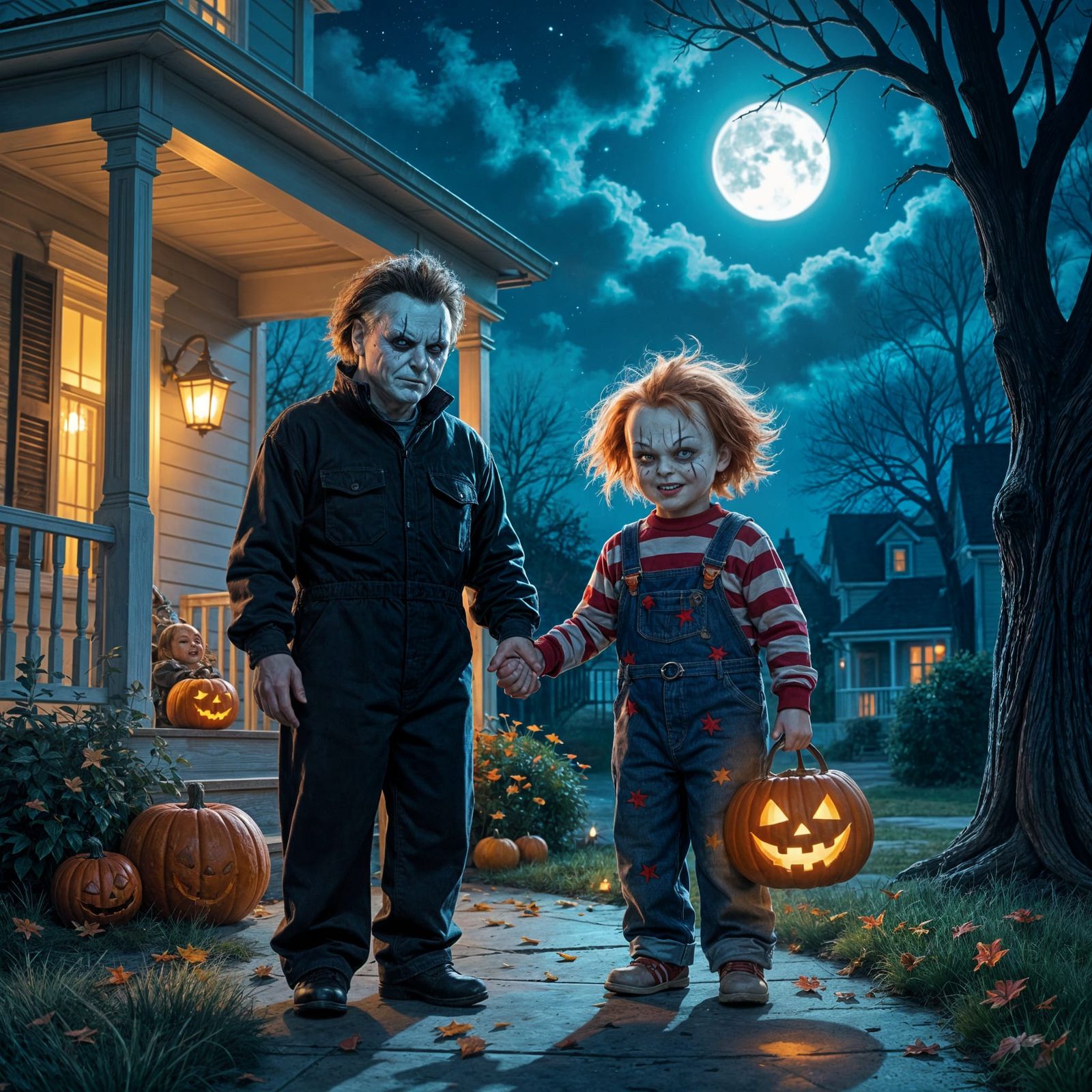 Men in Michael Myers and Chucky Costumes Trick-or-Treating