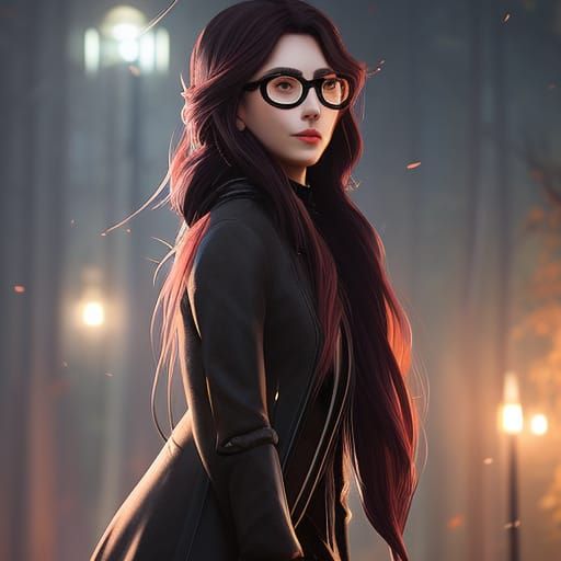 a girl wearing glasses with long hair, a cat sittingon her head :: Extremely realistic and horrible detail, extremely te...