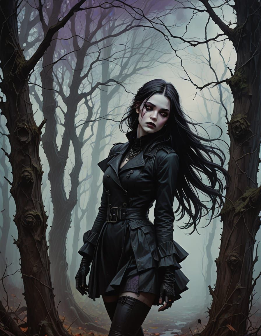 Goth Girl in Mysterious, Misty Atmosphere, in Vibrant Colour...