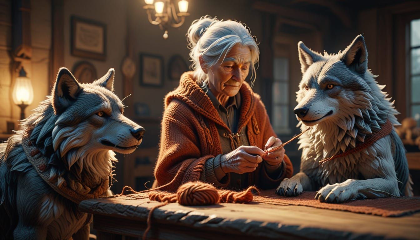 Old Woman Knits Beside Wolf in Epic 3D Render