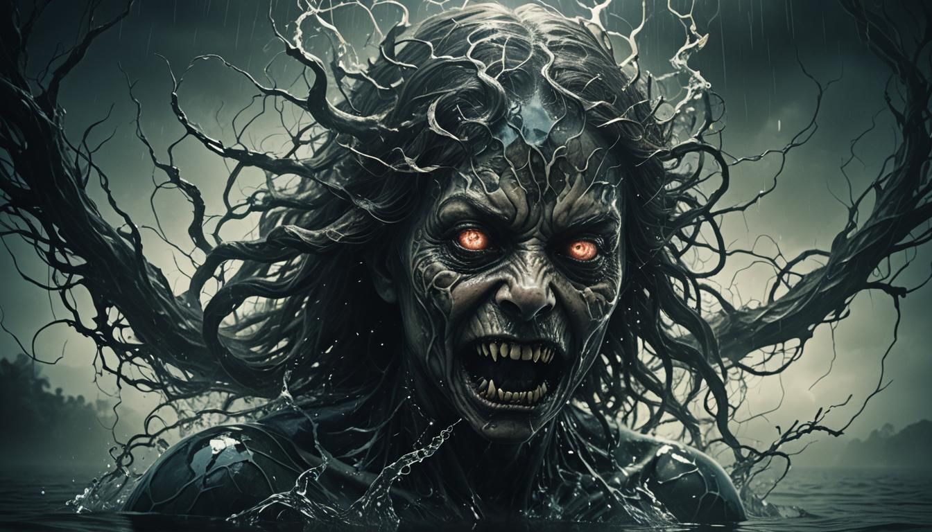 Creepy Water Beast Woman in Double Exposure Image