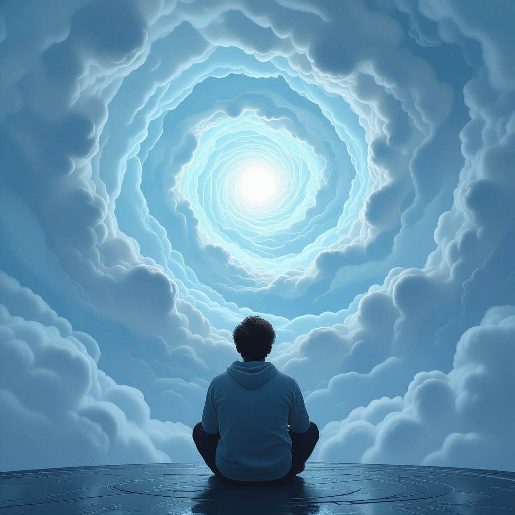 Pensive Figure Amidst Ethereal Thought Clouds