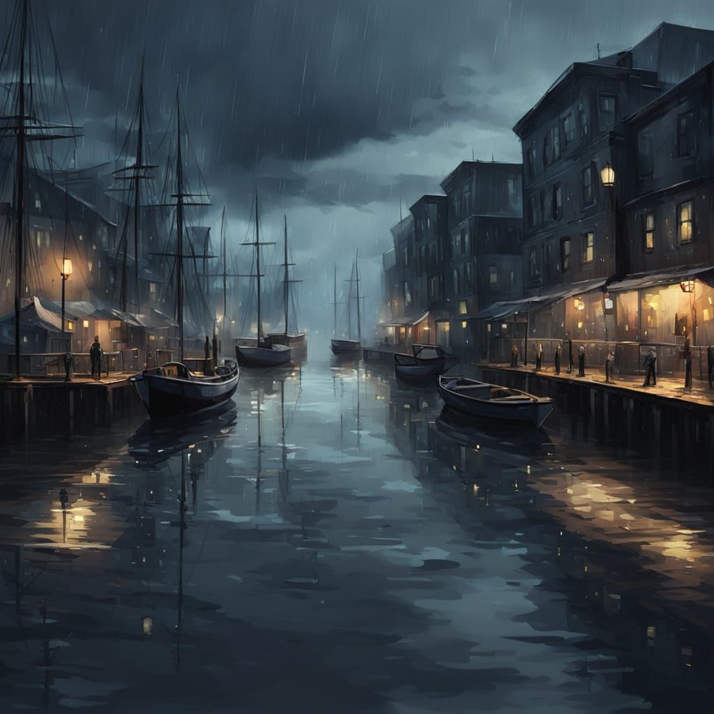 Gloomy Seaport at Dusk Emotional Digital Painting