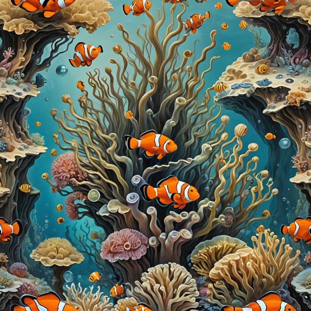Surreal Underwater City with Clownfish God in Dali Style