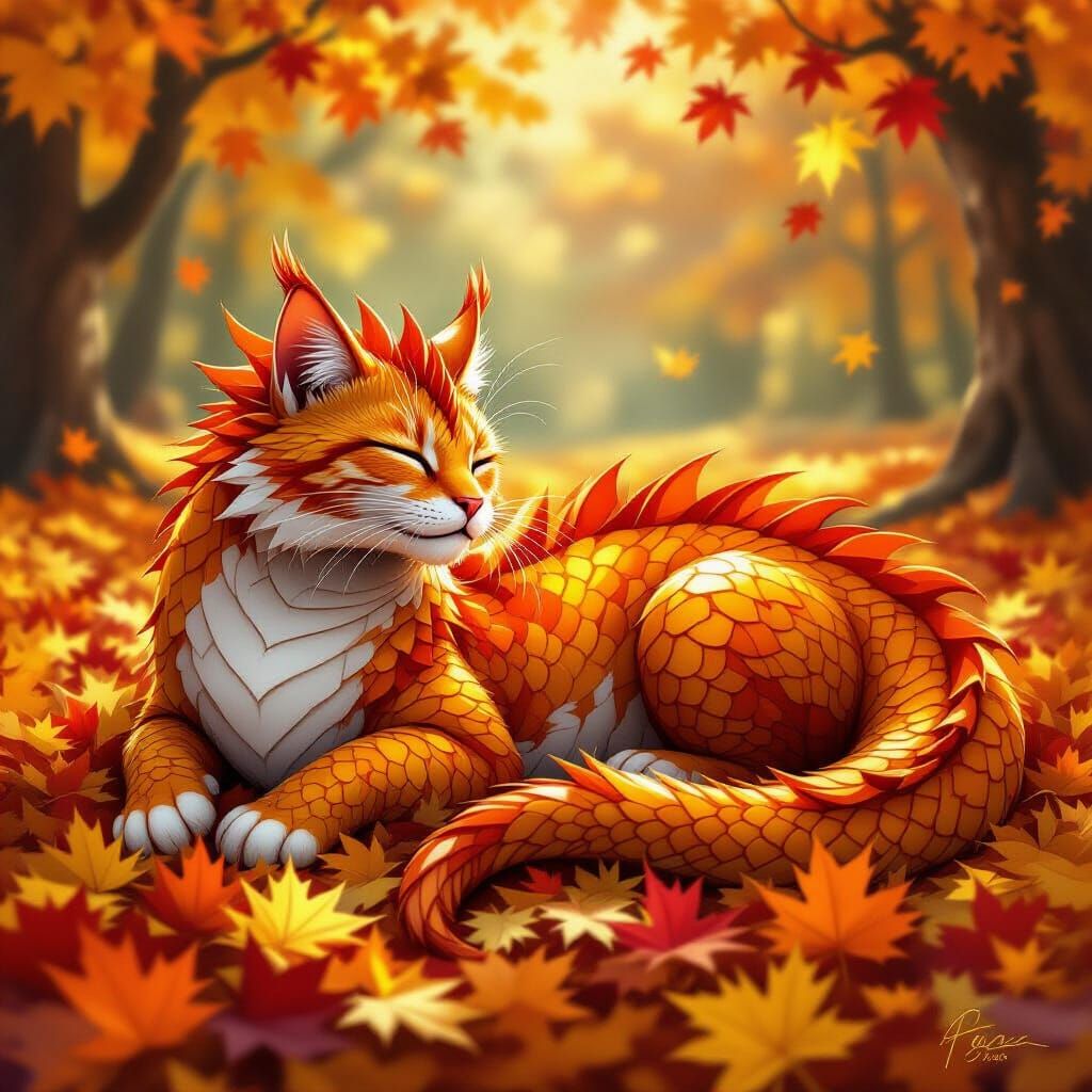 Vibrant Cat Dragon Resting In Autumn Leaves
