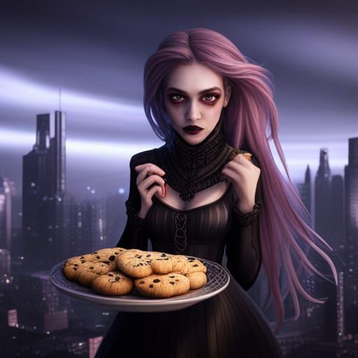 Gothic Girl Shopping and Eating Cookie