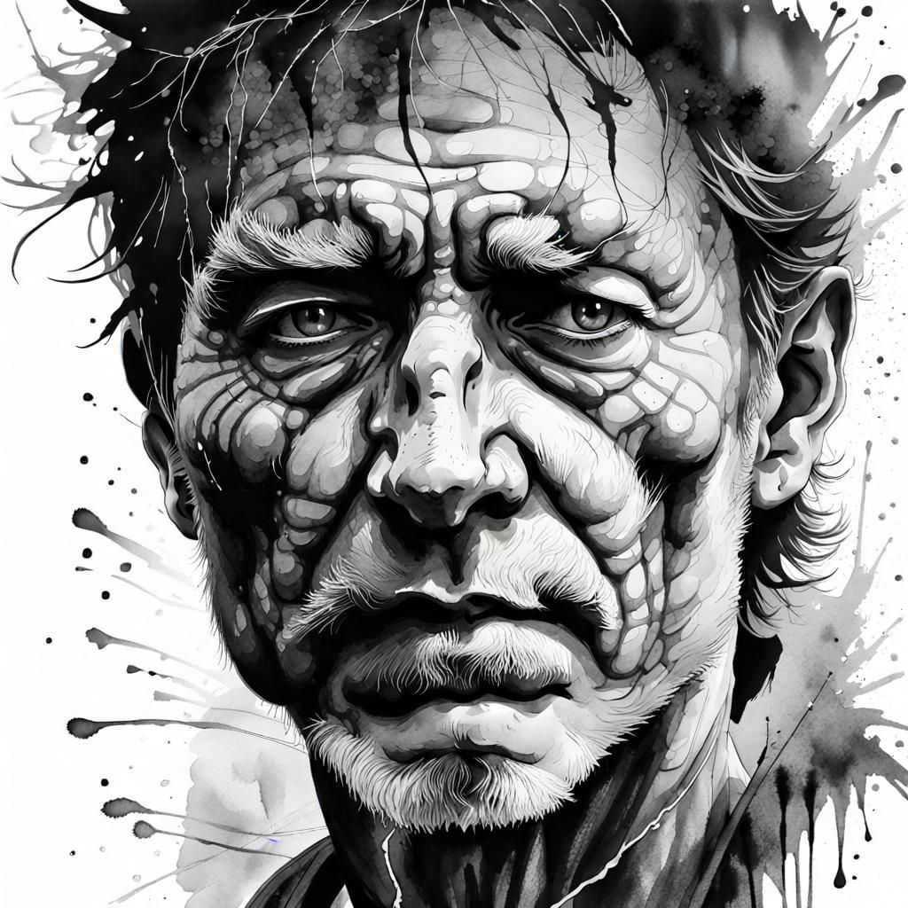 Scratchy Man: Black and White Watercolor Splash Art