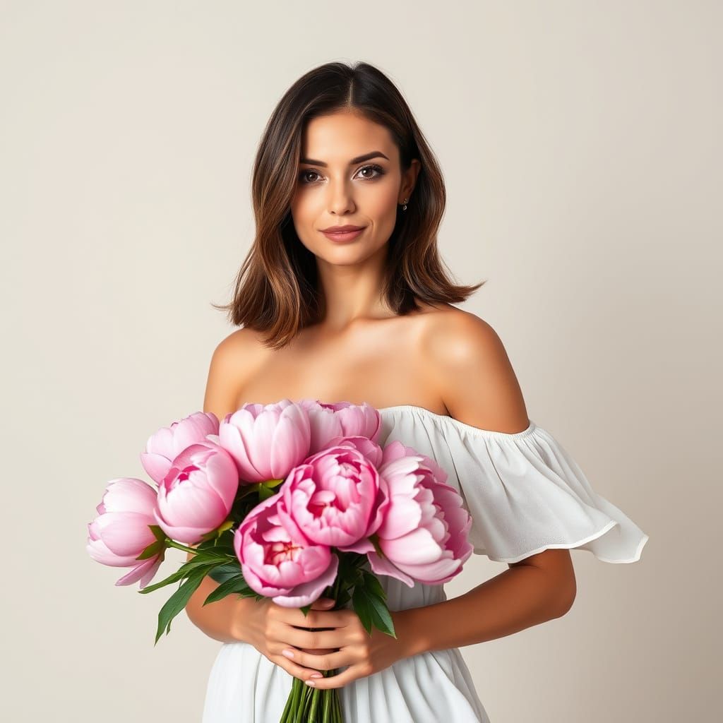 Brunette Woman with Peonies: Studio Portrait