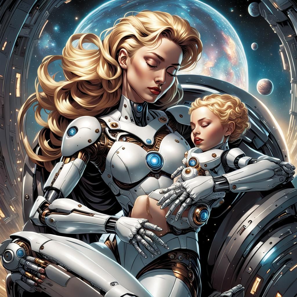 Cyborg Mother and Child in Comic Book Style