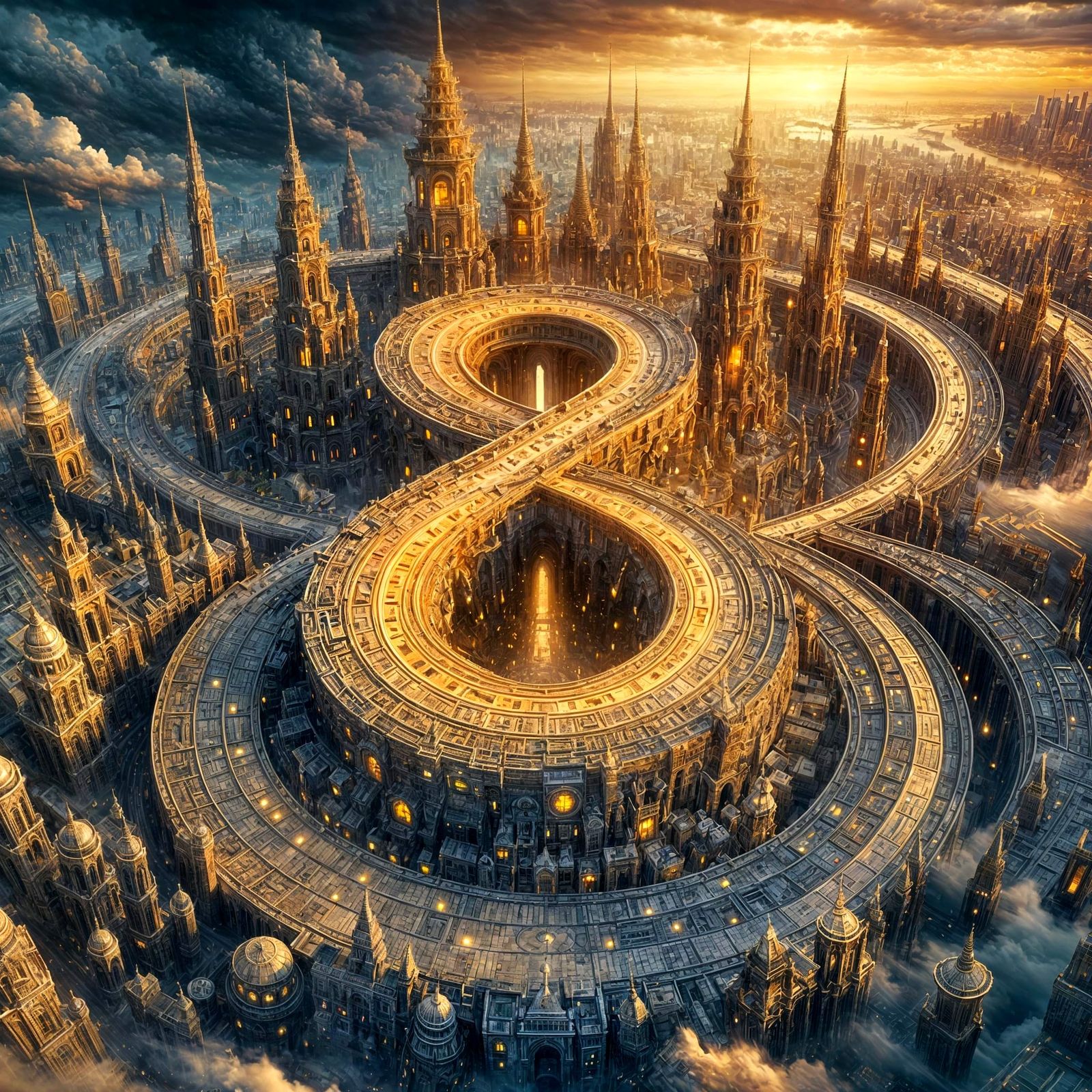 Dreamlike Cityscape with Eight Majestic Doors in a Cyberpunk...