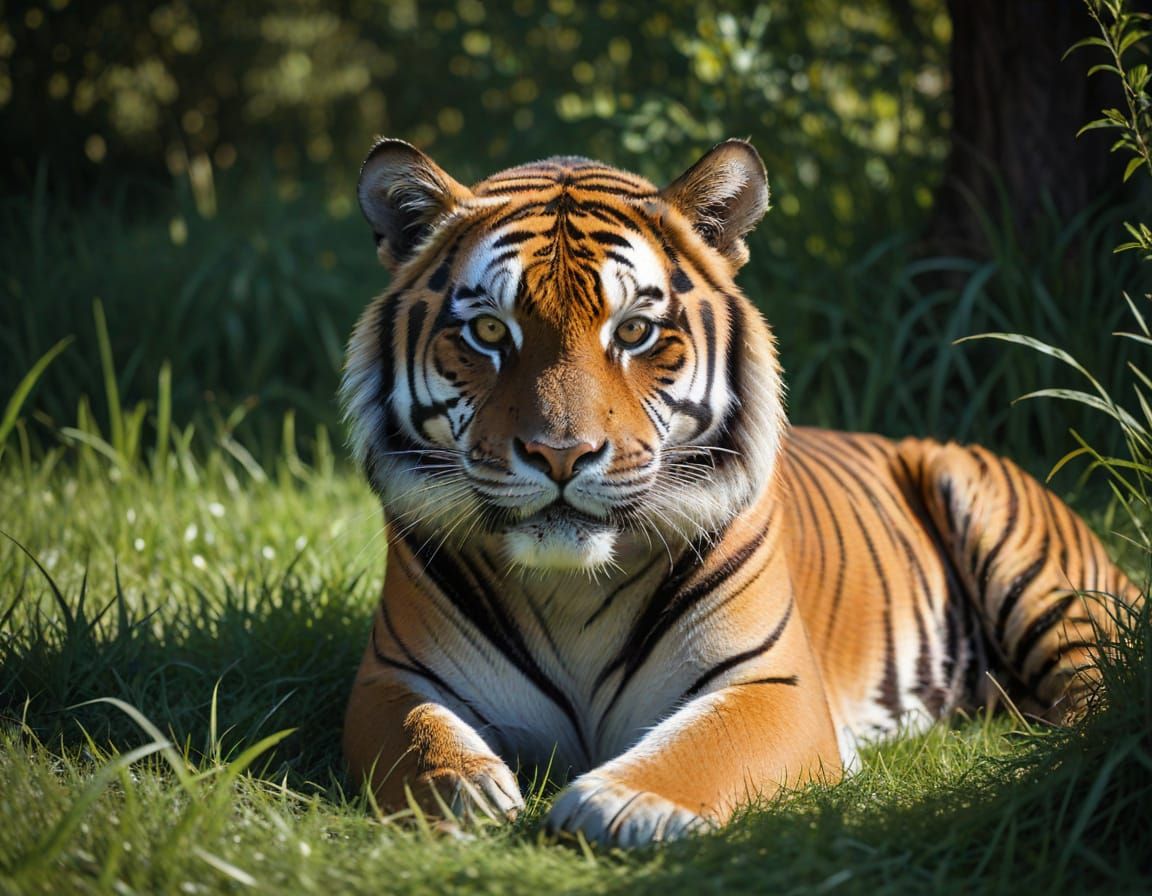 Tiger Camouflaged in Grass with Amber Eyes