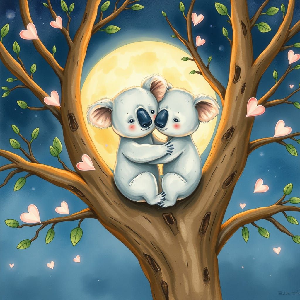 Whimsical Koalas in a Majestic Tree, Beatrix Potter Style
