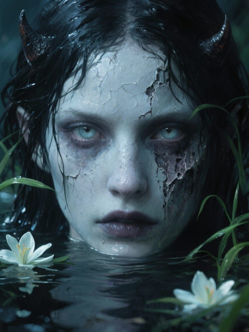 Creepy Demon Woman Emerging From Water in Oil Painting Style